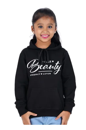 Fleximaa Girls Black Printed Hooded Cotton Sweatshirt