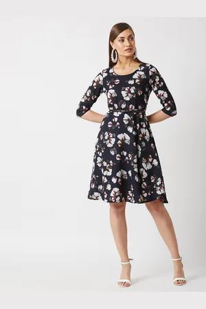 Miss Chase Women Navy Blue Floral Print Crepe Midi A Line Dress