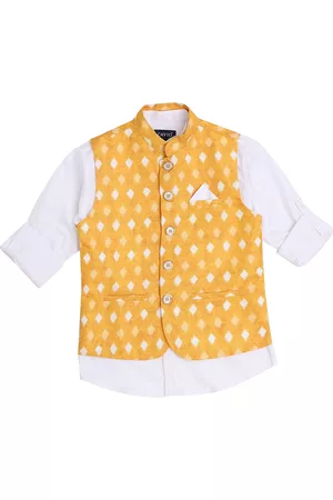 CAVIO Boys Yellow & White Colored Printed Nehru Jacket
