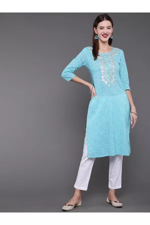 Antaran Women Turquoise Blue Pure Cotton Leheriya Thread Work Floral Kurta