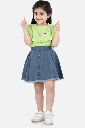 AWW HUNNIE Green Cotton Floral Embroidered Top With Denim Skirt