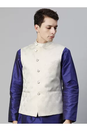 MANQ Men Woven Design Jaquard Silk Nehru Jacket