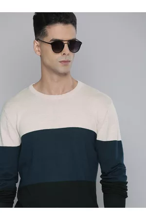 Flying Machine Men Pink & Navy Blue Colourblocked Pure Cotton Pullover