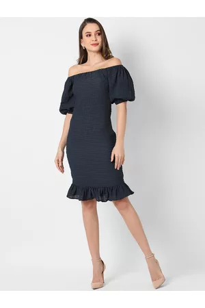 Campus Navy Blue Off-Shoulder Crepe Sheath Dress