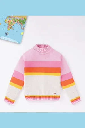 Ed-a-Mamma Girls Pink & White Colourblocked Cotton Pullover
