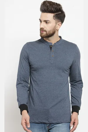 Kalt Men Blue Solid Mandarin Collar T-shirt