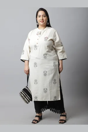 Rajnandini Women Plus Size Off White Floral Embroidered Pathani Kurta