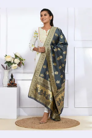 Kesarya Women Grey & Gold-Toned Ethnic Motifs Woven Design Pure Silk Dupatta with Zari