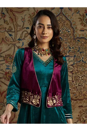 Sassafras Women Burgundy Embroidered Velvet Waistcoat