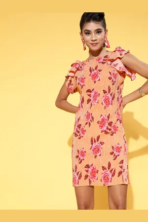 ATHENA Women Charming Peach Floral 70s Mini Dress