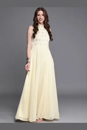 Ethnovog Women Off-White Embroidered Made To Measure Maxi Dress