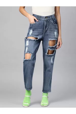 Sassafras Women Blue Cotton Relaxed Fit High-Rise Highly Distressed Stretchable Crop Jeans