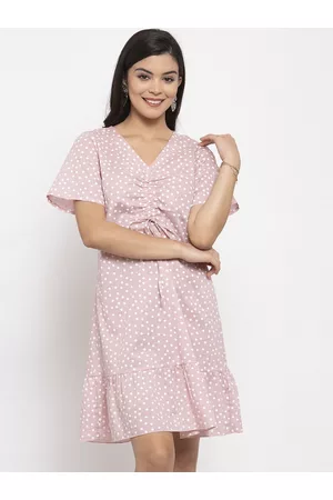 KASSUALLY Women Pink & White Printed A-Line Ruched Mini Dress