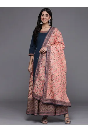 Biba Women Navy Blue Ethnic Motifs Embroidered Pure Cotton Kurta with Palazzos & With Dupatta