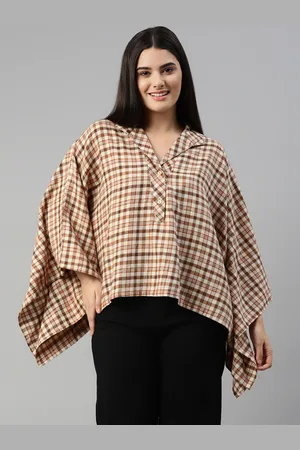 Ayaany Beige & Brown Checked Extended Sleeves Kaftan Top