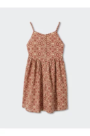 MANGO Girls Beige & Brown Cotton Conversational Print Fit & Flare Dress