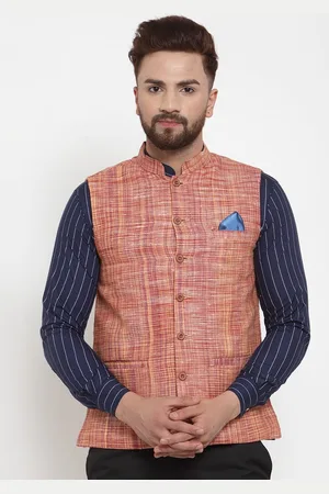 KLOTTHE Men Orange Woven Design Pure Cotton Nehru Jacket