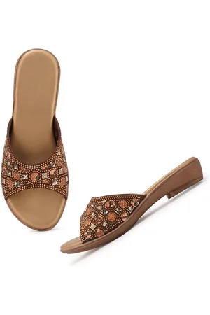 STYLE SHOES Brown & Gold-Toned Embellished Peep Toes Comfort Heels