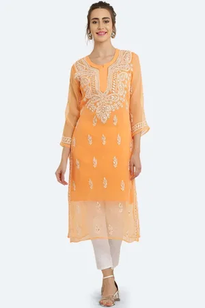 FAWOMENT Women Orange & Off White Ethnic Motifs Embroidered Chikankari Georgette Kurta