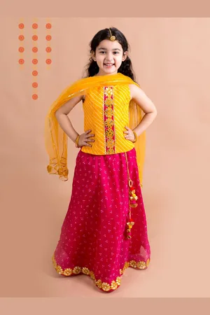 pspeaches Girls Magenta & Yellow Embroidered Ready to Wear Lehenga & Blouse With Dupatta
