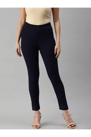 women navy blue slim fit high rise trousers