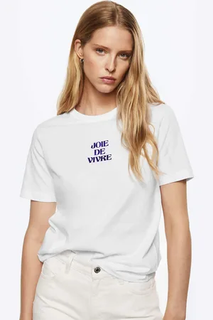 MANGO Women White & Purple Typography Printed Pure Cotton T-shirt