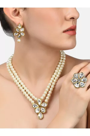 Zaveri Pearls Gold-Plated & White Stone-Studded & Pearl-Beaded Jewellery Set