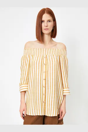 Koton Mustard Yellow & White Striped Off-Shoulder Top