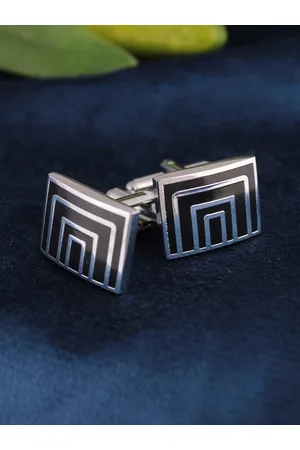 Kavove Men Silver-Toned & Black Square Shape Cufflink