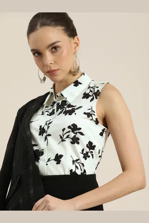 Invictus Women White & Black Floral Print Sleeveless Casual Shirt