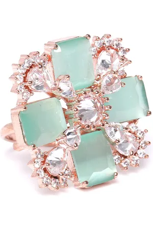 JEWELS GEHNA Sea Green Rose Gold-Plated AD-Studded Handcrafted Adjustable Finger Ring