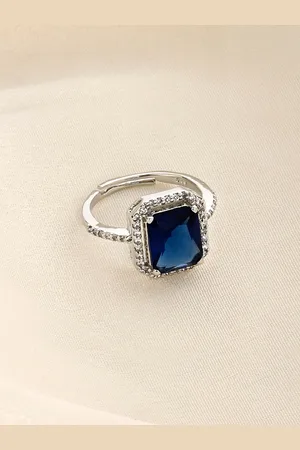 FableStreet 925 Sterling Silver Rhodium-Plated Blue CZ Studded Finger Ring
