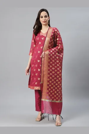 Chhabra 555 Women Pink & Golden Woven Design Made to Measure Kurta with Trousers & Dupatta
