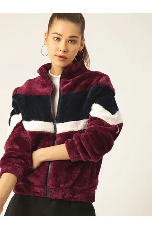 DressBerry Women Burgundy & Navy Blue Faux Fur Colourblocked Sherpa Jacket