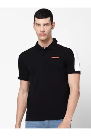 Lee Men Black & White Polo Collar Slim Fit Cotton T-shirt