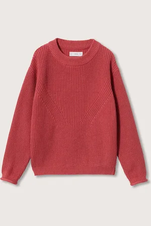 MANGO Girls Dusty Pink Pure Cotton Solid Knitted Puff Sleeves Pullover