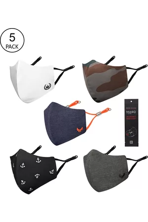 Masq Men Pack Of 5 Black & White Printed 4-Ply Pure Cotton Protective Outdoor Masks