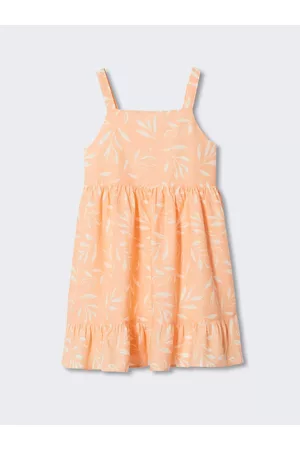 MANGO Girls Peach-Coloured & White Floral Print Cotton Fit & Flare Dress