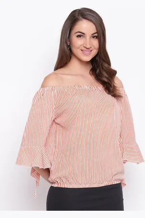 Mayra Peach-Coloured & White Striped Off-Shoulder Bardot Top