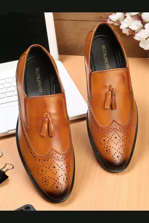 MUTAQINOTI Men Russet Tan Solid Patent Leather Formal Brogue Shoes
