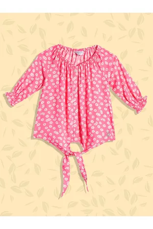 Ralph Lauren Girls Pink Floral Printed Accordion Pleated Sleeves Shirt Style Top