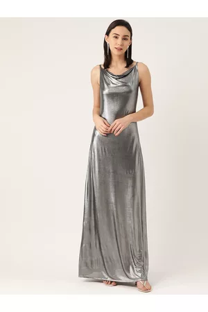 DODO & MOA Women Silver Embellished Cowl Neck Maxi Dress