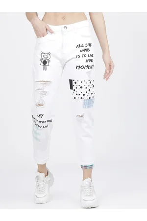 Tokyo Talkies Women White Boyfriend Fit Highly Distressed Printed Jeans
