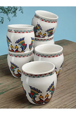 Arrabi White & Blue Set Of 6 Dishwasher Safe Ceramic Glossy Kulladhs Set 220 ml Each