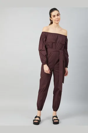 ATHENA Women Brown Solid Cotton Jumpsuit