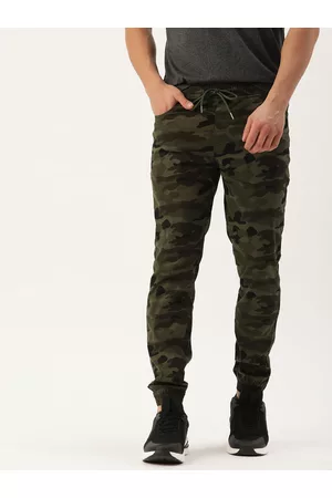 IVOC Men Olive Green Camouflage Printed Slim Fit Joggers Trousers