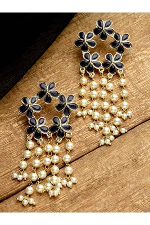 karatcart Women Gold Plated Navy Blue Floral Drop Earrings