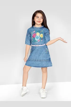naughty ninos Girls Blue Floral Embroidered Pure Cotton A-Line Dress