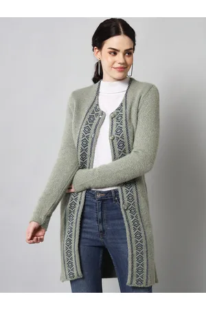 Broowl Women Grey & Blue Longline Cardigan