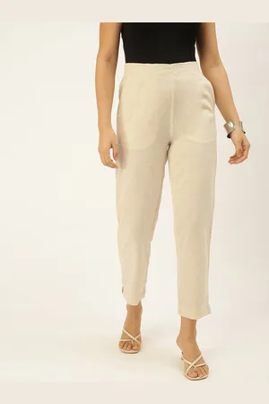 De Moza Women Beige Cotton Solid Cigarette Trousers